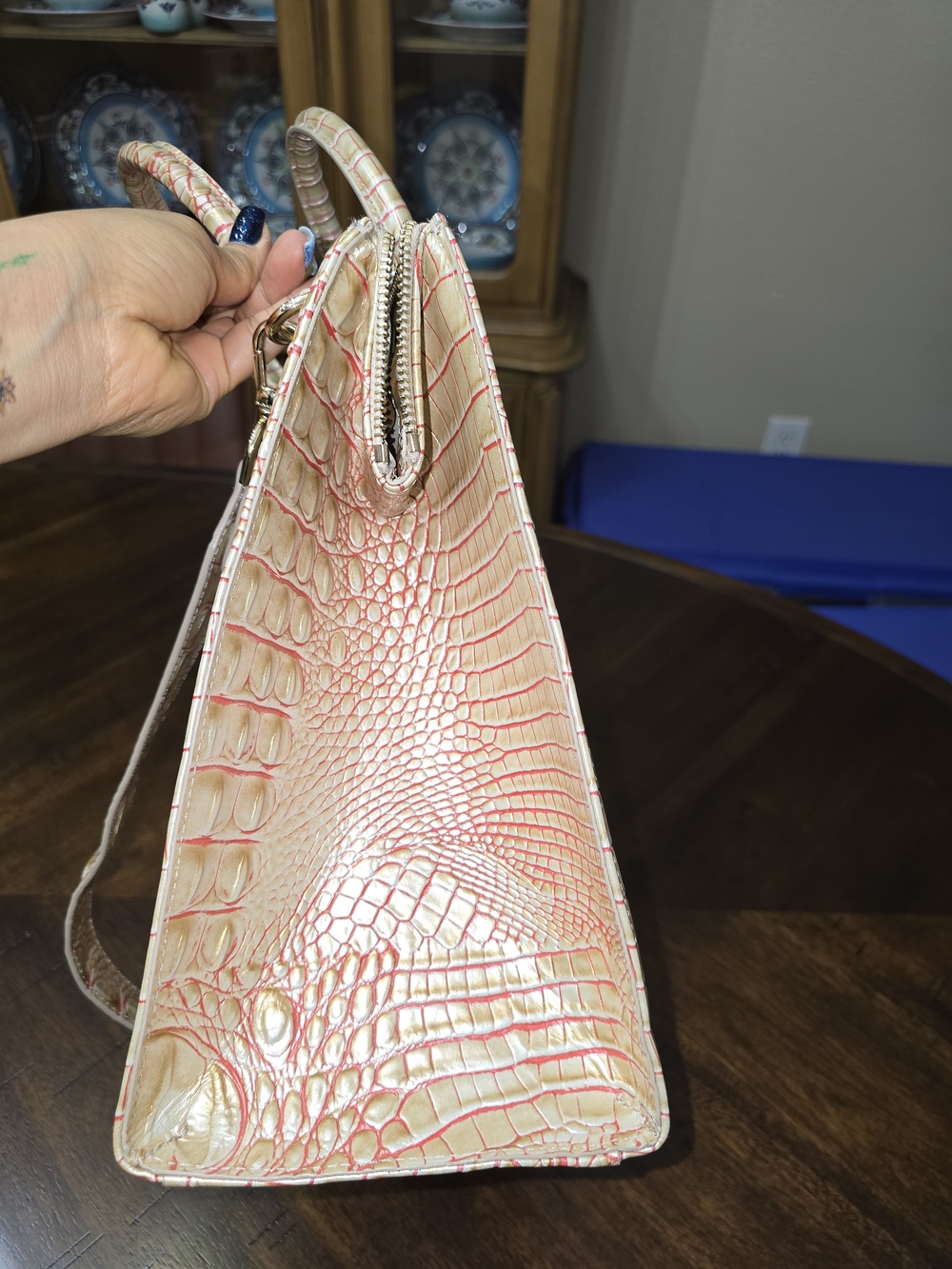 Brahmin Croc-Embossed Cream with Pink Accent Satchel - Picture 4 of 12